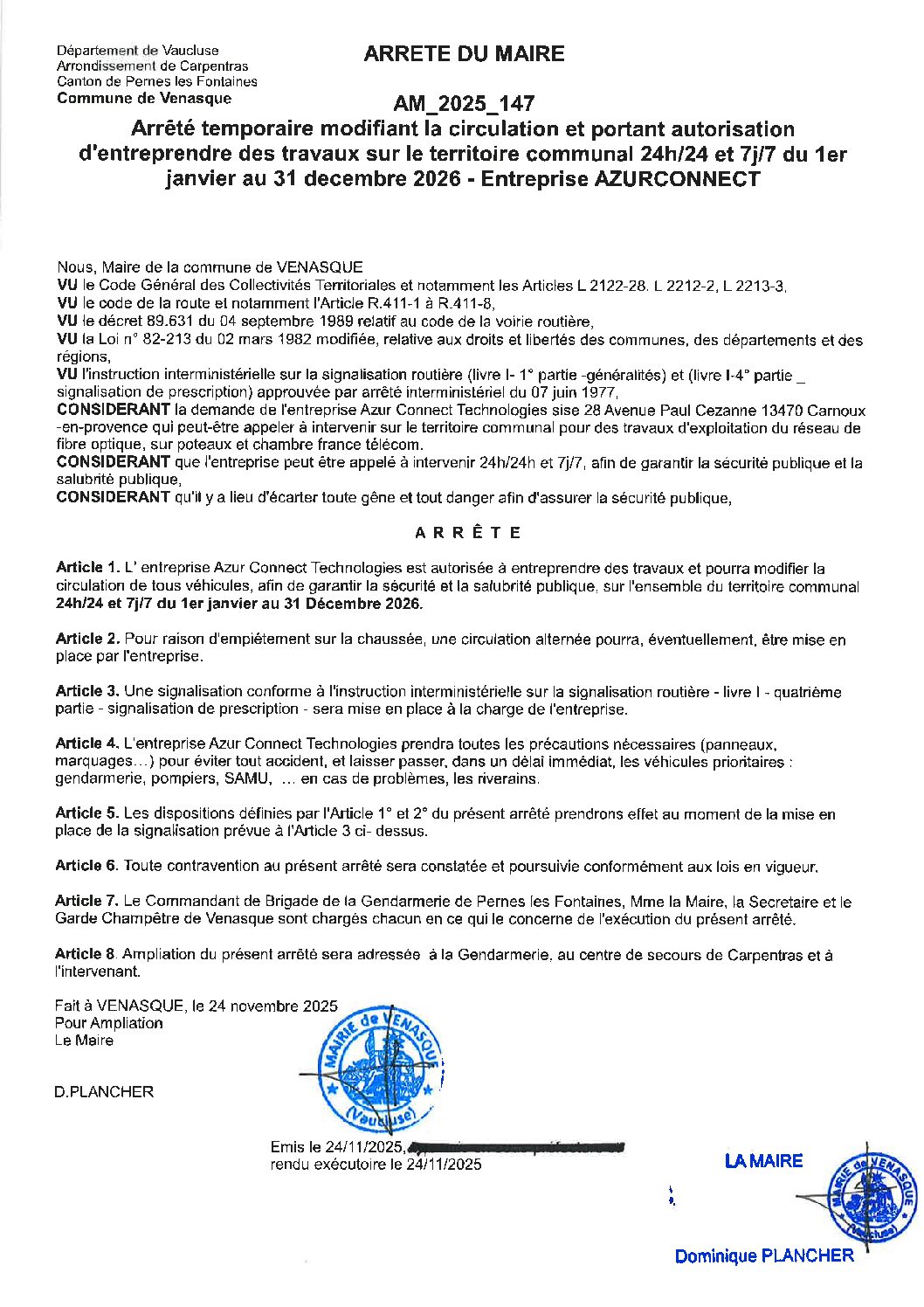 AM-2025-147 Modification de la circulation et portant autorisation d&rsquo;entreprendre des travaux sur le territoire communal 24h/24 et 7j/7 du 1er janvier au 31 décembre 2026. Entreprise AZURCONNECT