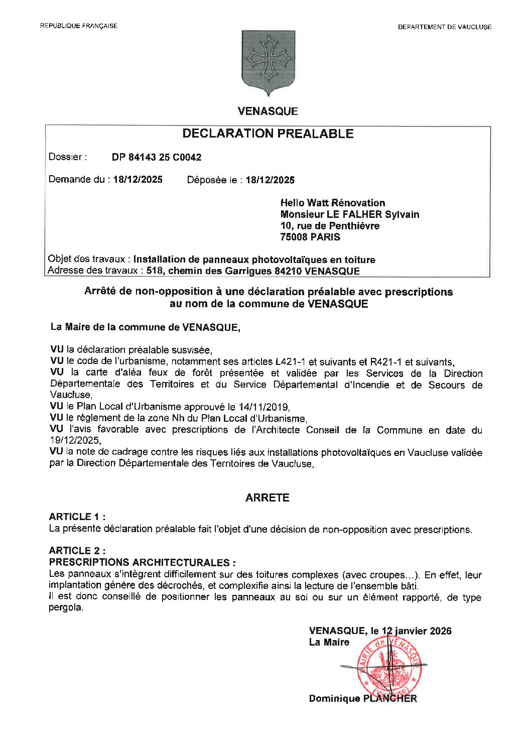 Arrêté de non-opposition à une déclaration préalable avec prescriptions au nom de la commune de Venasque DP 084 143 25 C0042