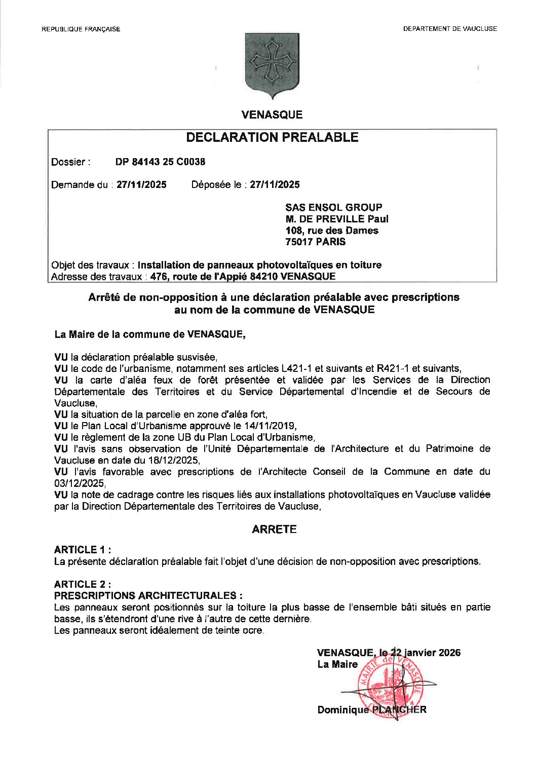 Arrêté de non- opposition à une déclaration préalable avec prescriptions au nom de la commune de Venasque DP 84 143 25 C0038