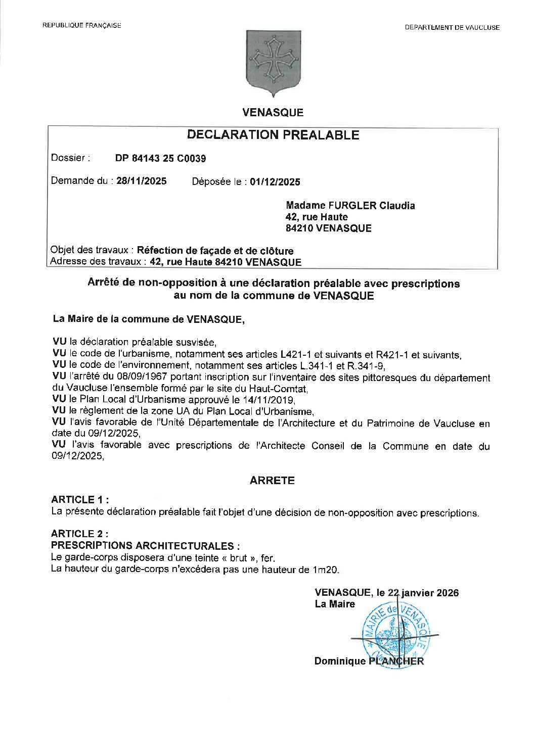 Arrêté de non- opposition à une déclaration préalable avec prescriptions au nom de la commune de Venasque DP 841 43 25 C0039