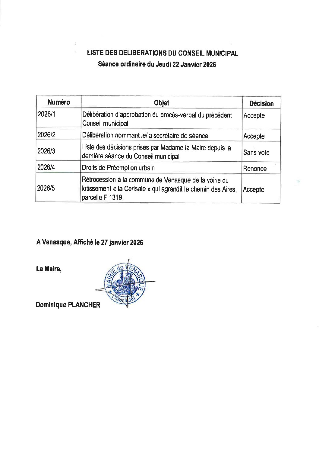 Liste des délibérations du Conseil municipal du jeudi 22 janvier 2026