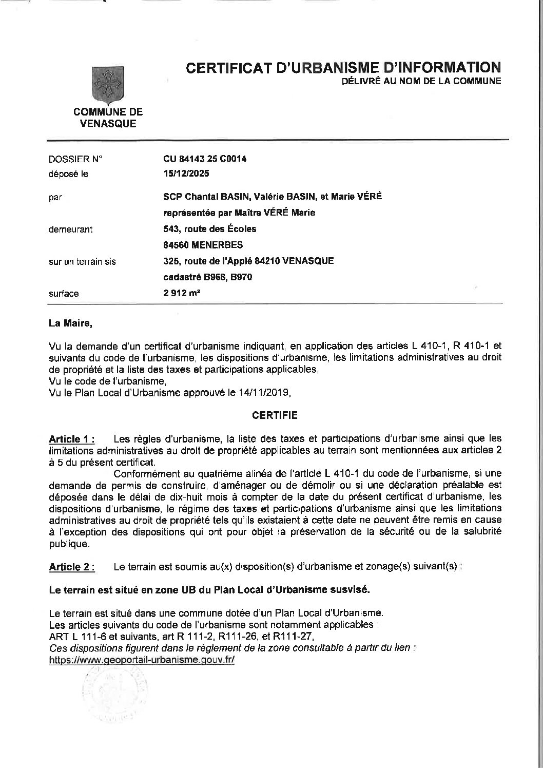 CERTIFICAT D&rsquo;URBANISME D&rsquo;INFORMATION délivré au nom de la commune CU 84 143 25 C0014