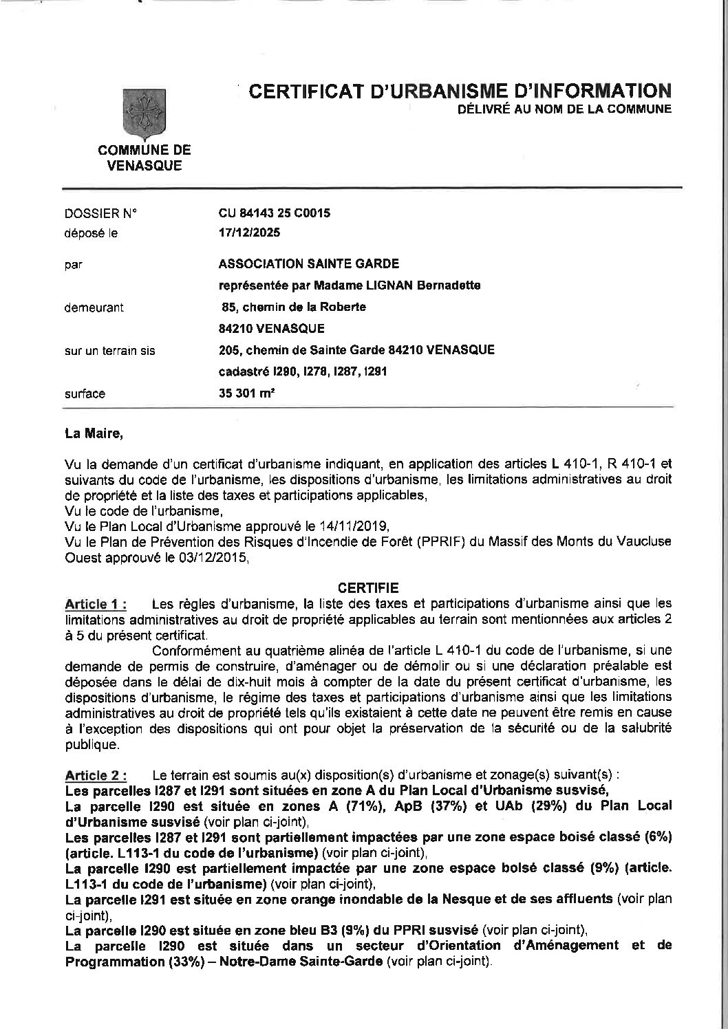CERTIFICAT D&rsquo;URBANISME D&rsquo;INFORMATION délivré au nom de la commune CU 84 143 25 C0015