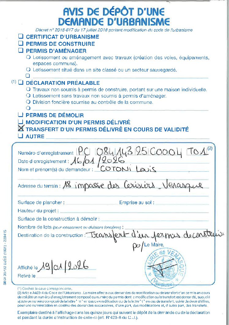 Avis de dépôt d&rsquo;une demande d&rsquo;urbanisme : PC 084 143 25 C004 T01