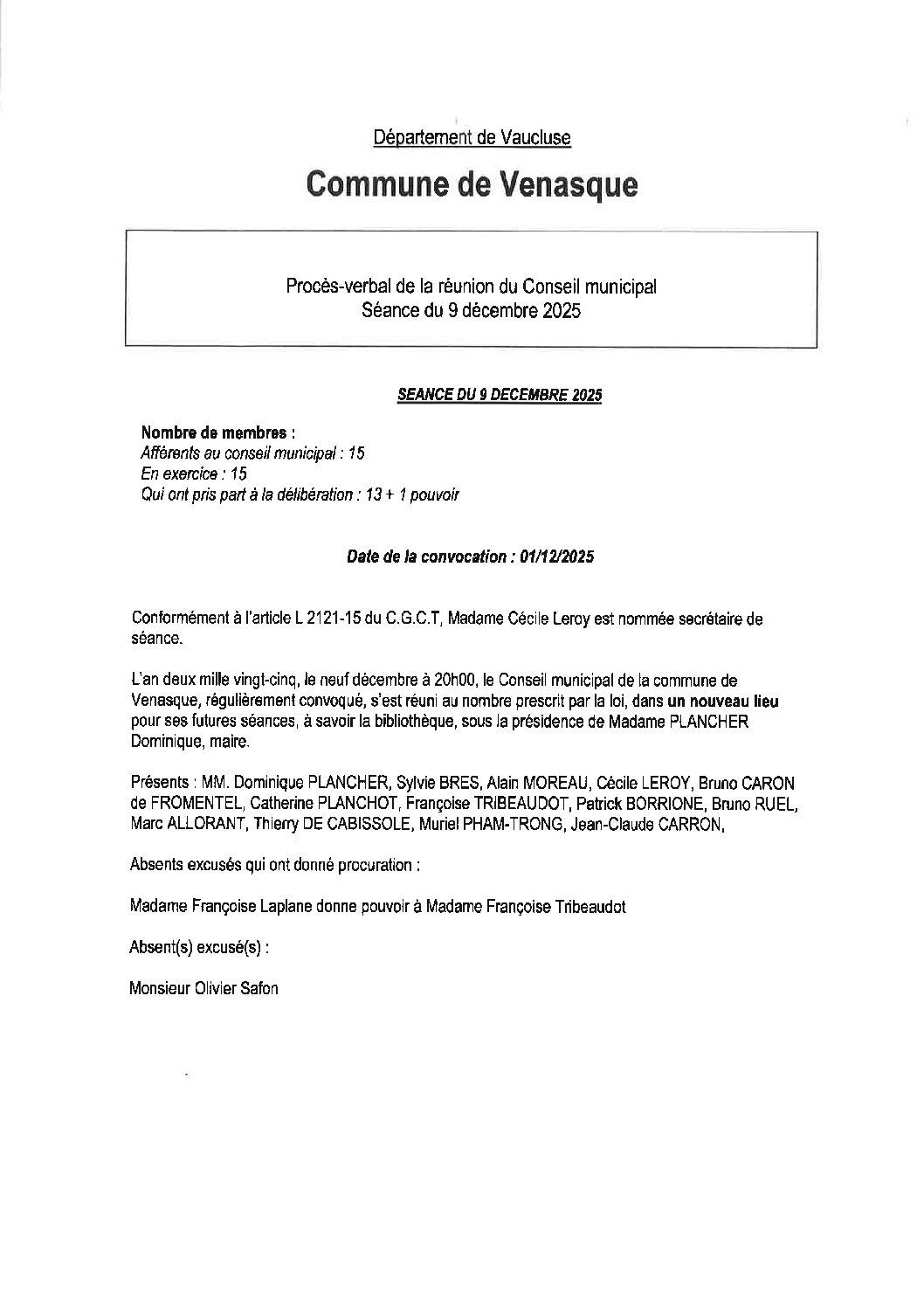 PV de la réunion du Conseil municipal. Séance du 09 décembre 2025