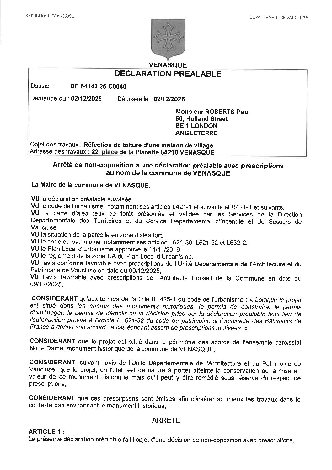 Arrêté de non-opposition à une déclaration préalable 084 143 25 C0040