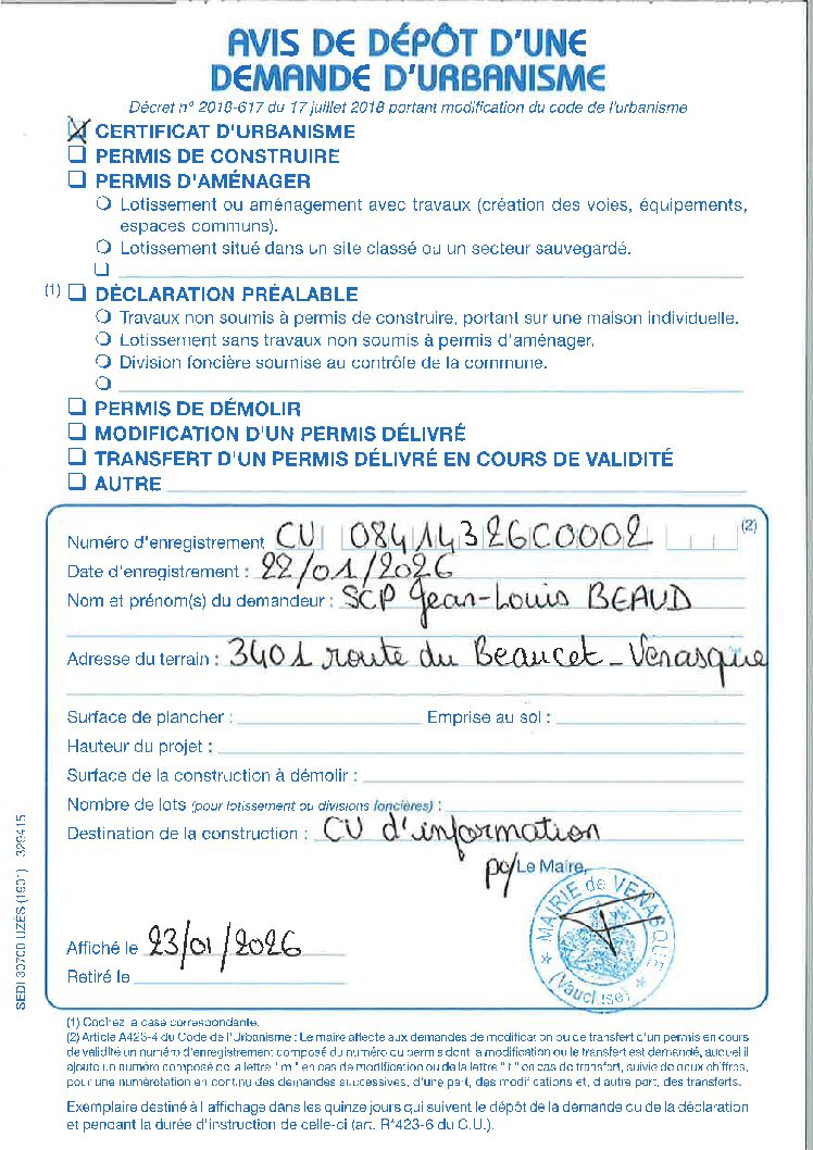 Avis de dépôt d&rsquo;une demande d&rsquo;urbanisme CU 084 143 26 C0002