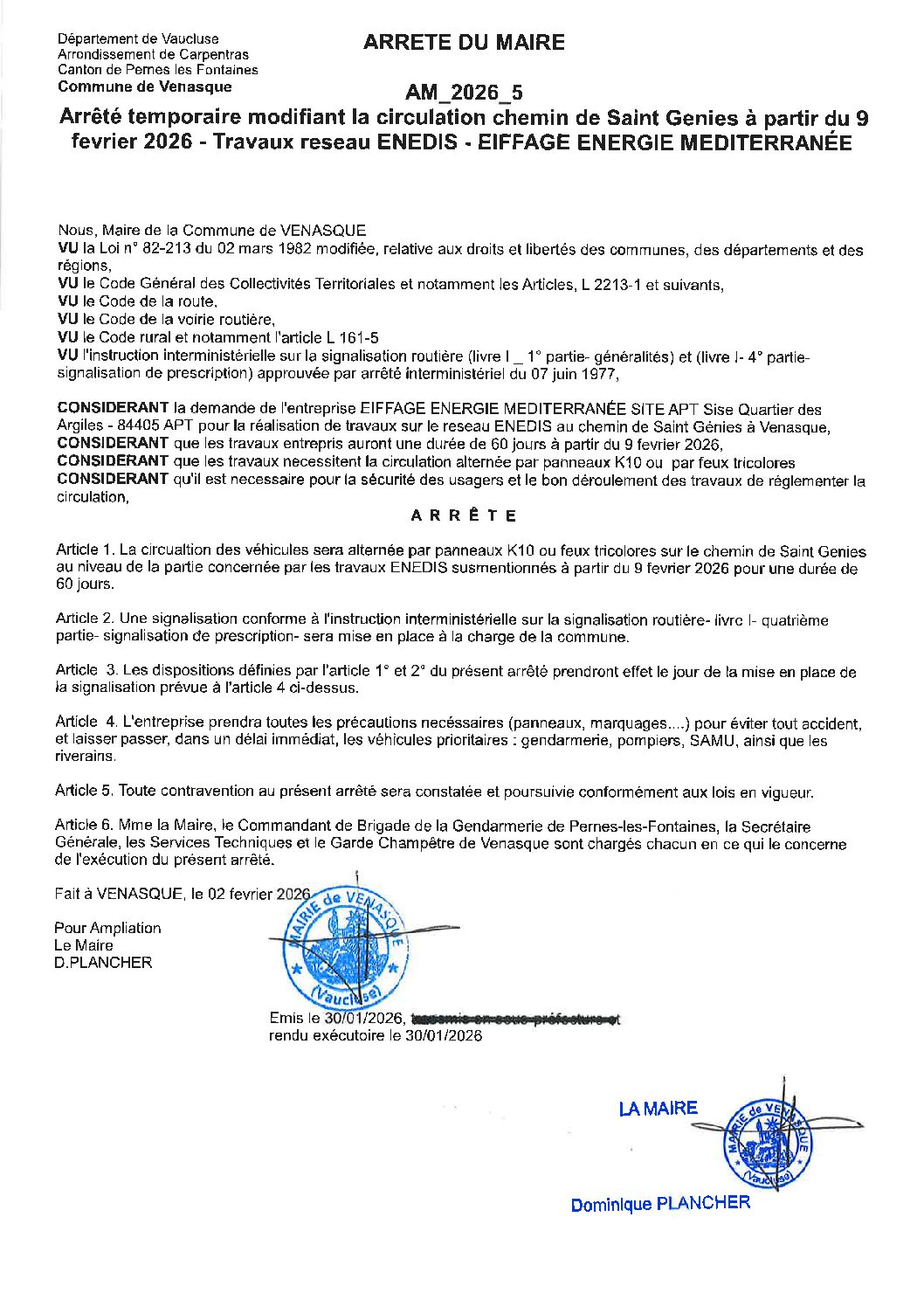 2026-5 Arrêté temporaire modifiant la circulation chemin de Saint Genies – Travaux enedis – EIFFAGE ENERGIE MEDITERRANNÉE