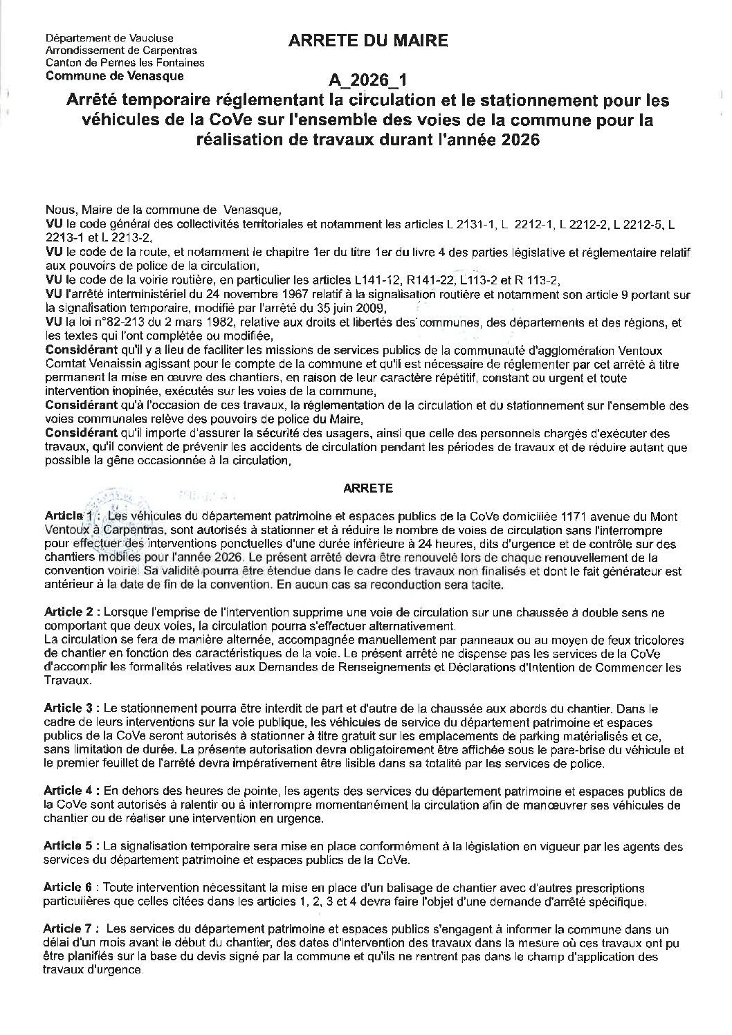 2026-1 Arrêté temporaire modifiant le stationnement et la circulation pour les véhicules de la CoVe pour la réalisation de travaux durant l’année 2026