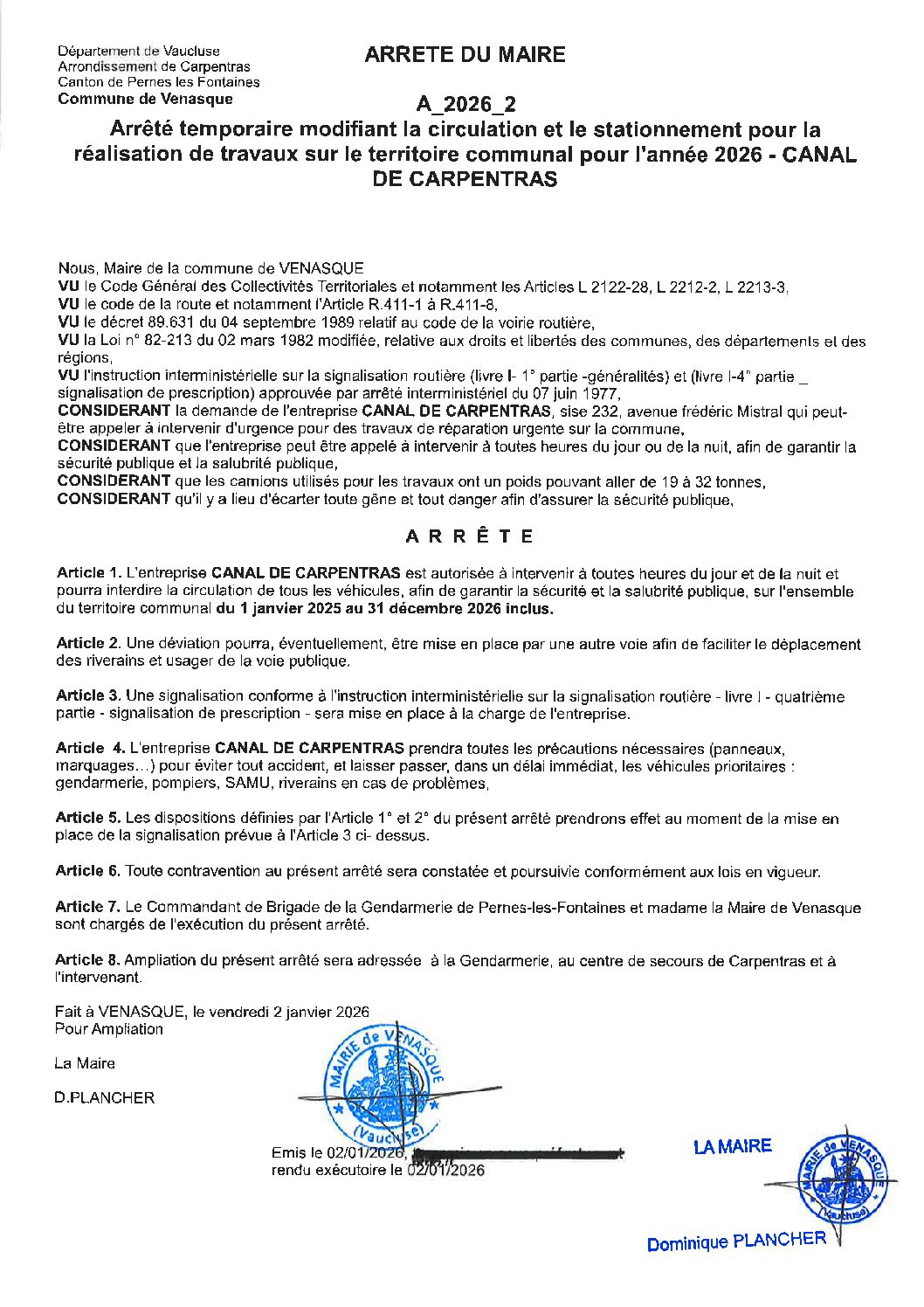2026-2 Arrêté temporaire modifiant la circulation et le stationnement pour la réalisation de travaux sur le territoire communal pour l’année 2026 – CANAL DE CARPENTRAS