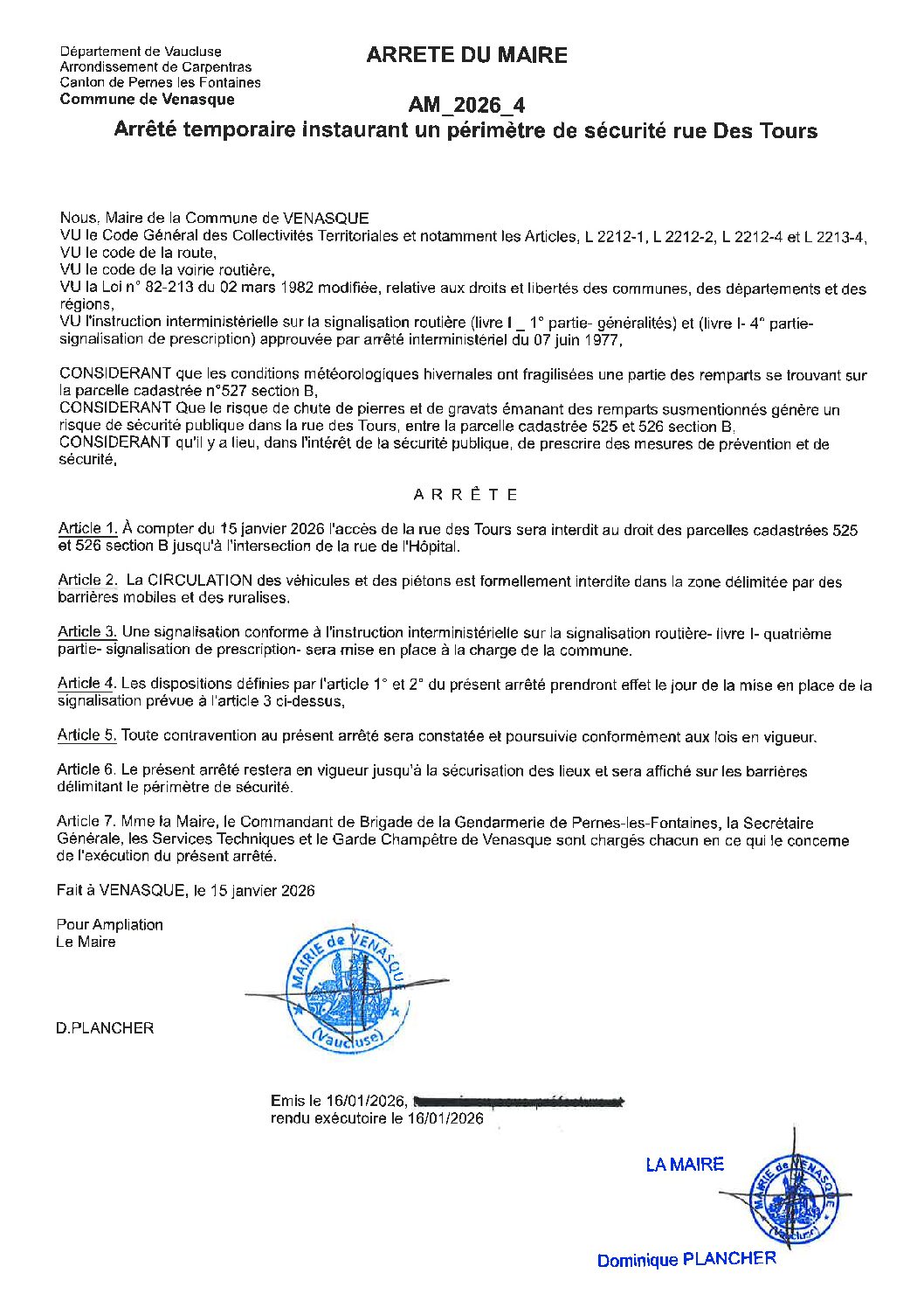 2026-4 Arrêté temporaire instaurant un périmètre de sécurité rue des Tours