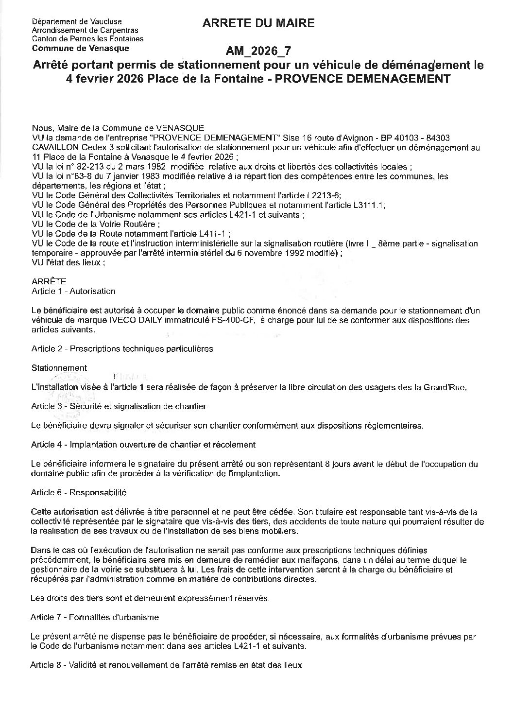 2026-7 Arrêté portant permis de stationnement Place de la Fontaine – PROVENCE DEMENAGEMENT