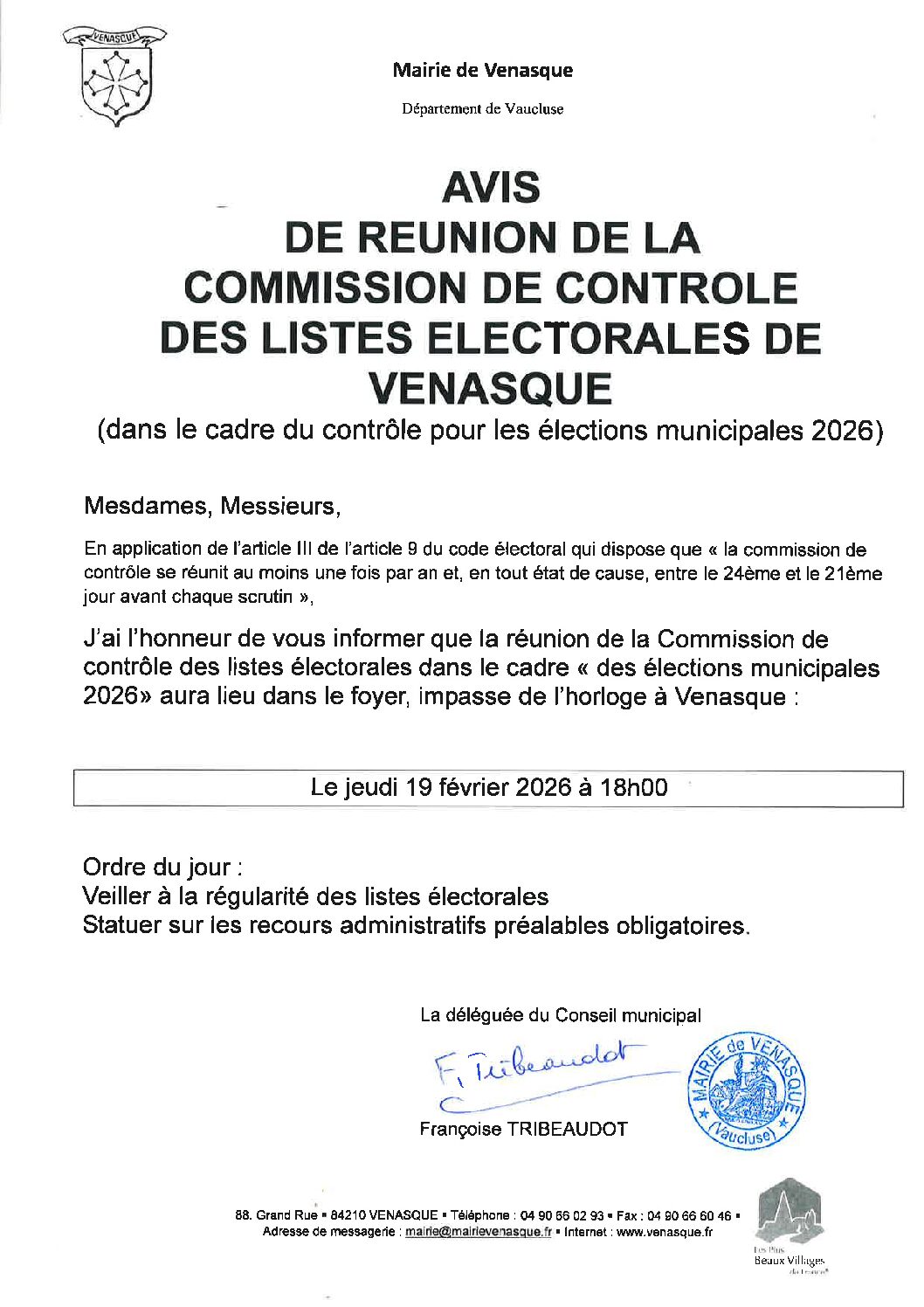 AVIS DE RÉUNION DE LA COMMISSION DE CONTROLE DES LISTES ELECTORALES DE VENASQUE