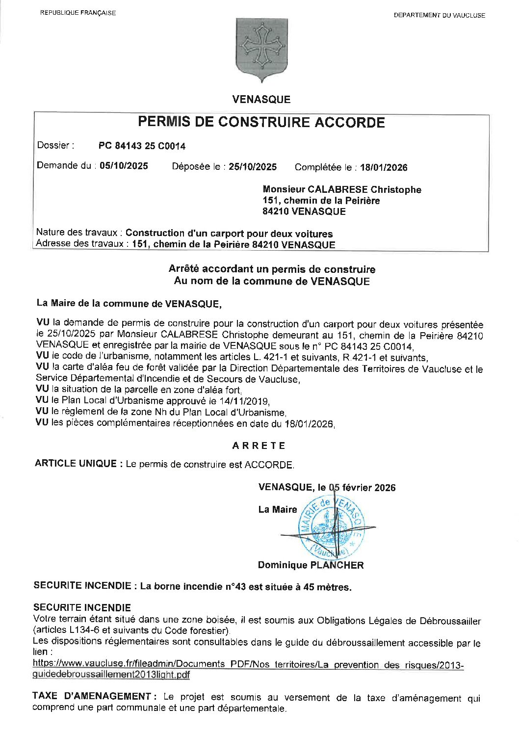 Arrêté accordant un permis de construire au nom de la commune de Venasque PC 084 143 25 C0014