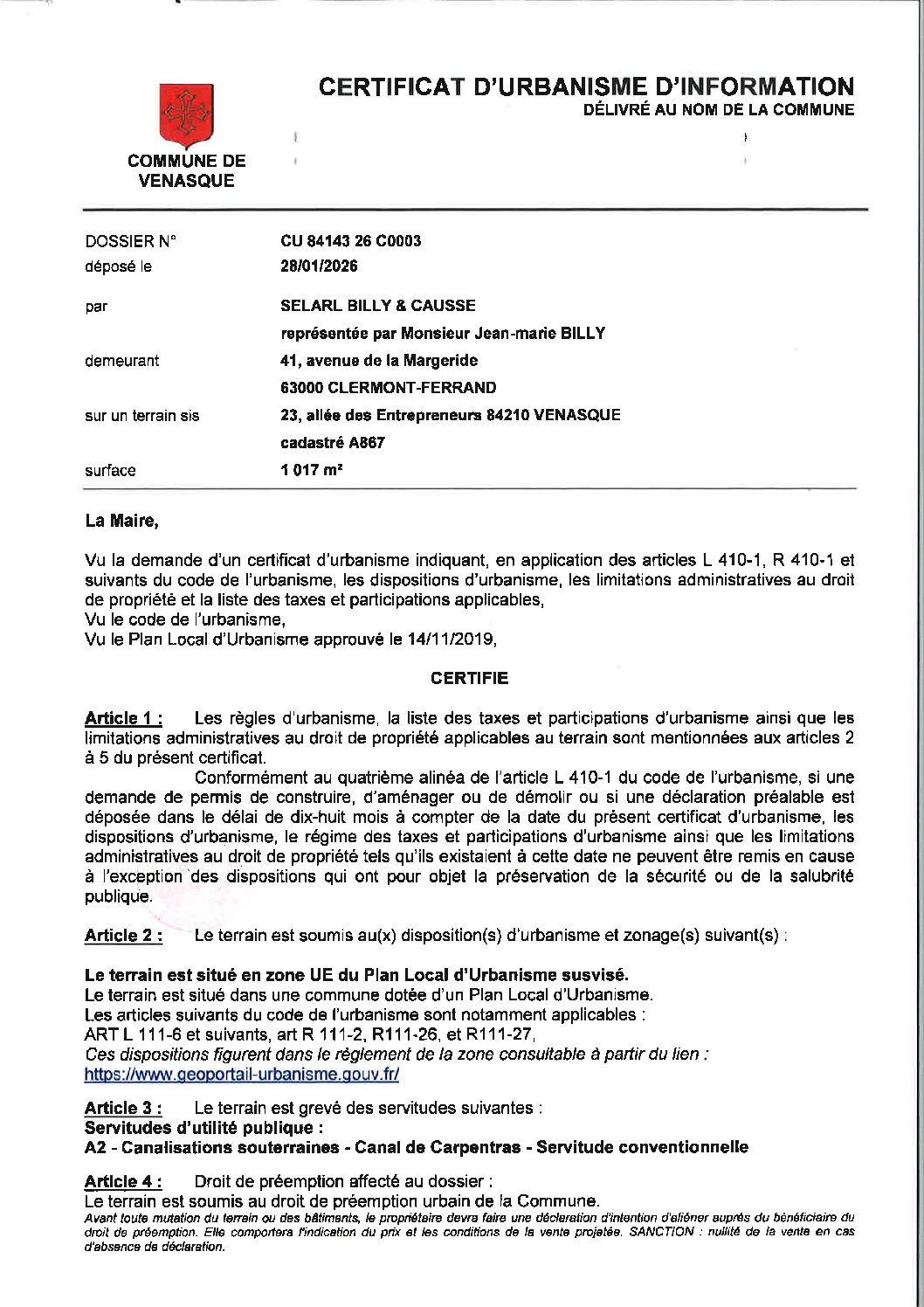 Arrêté de décision réponse CU d&rsquo;informations n° 084 143 26 C0003