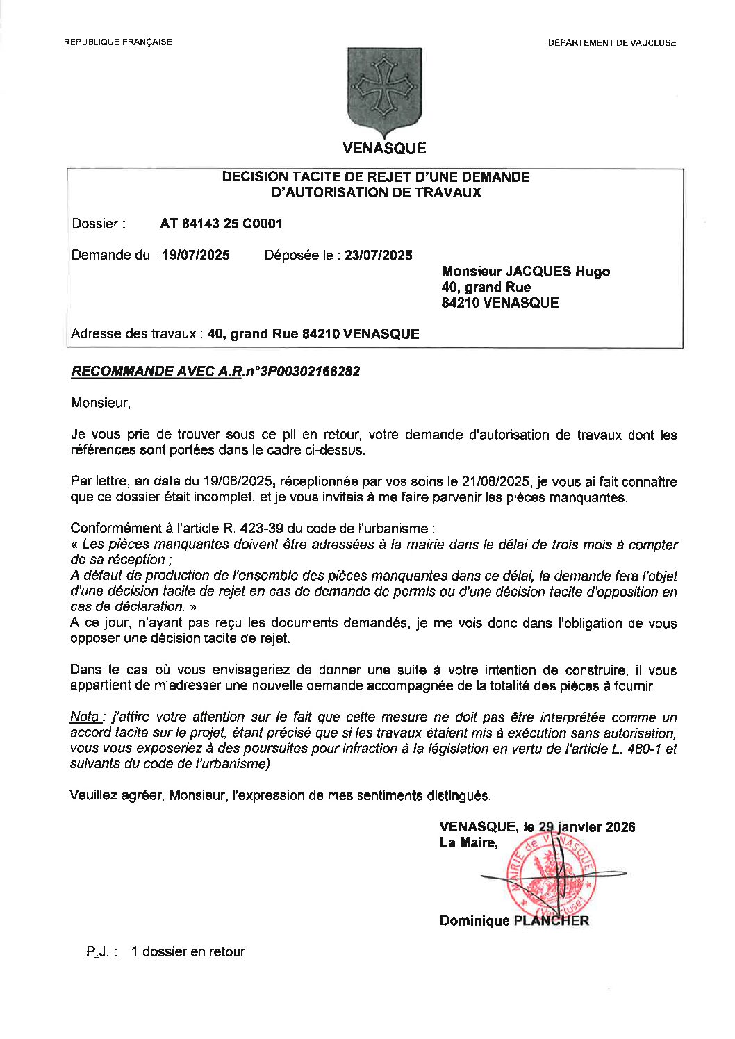 Arrêté de décision tacite de rejet d&rsquo;une demande d&rsquo;Autorisation de Travaux AT 084 143 25 C0001