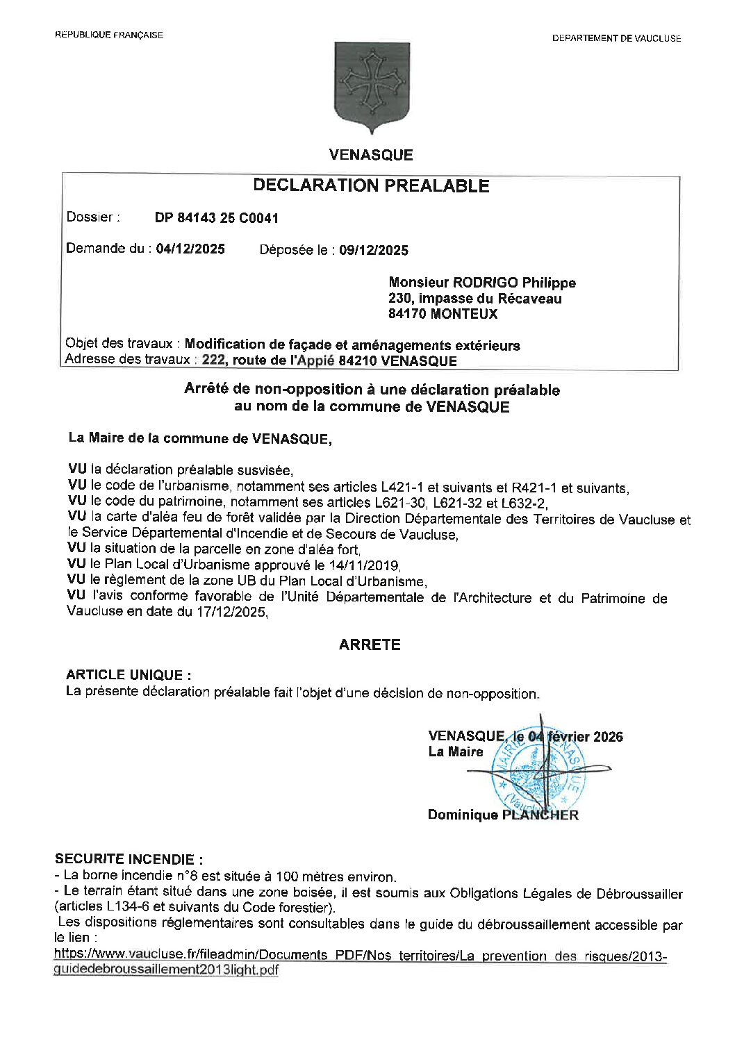 Arrêté de non-opposition à une déclaration préalable au nom de la commune de Venasque DP 084 143 25 C0041