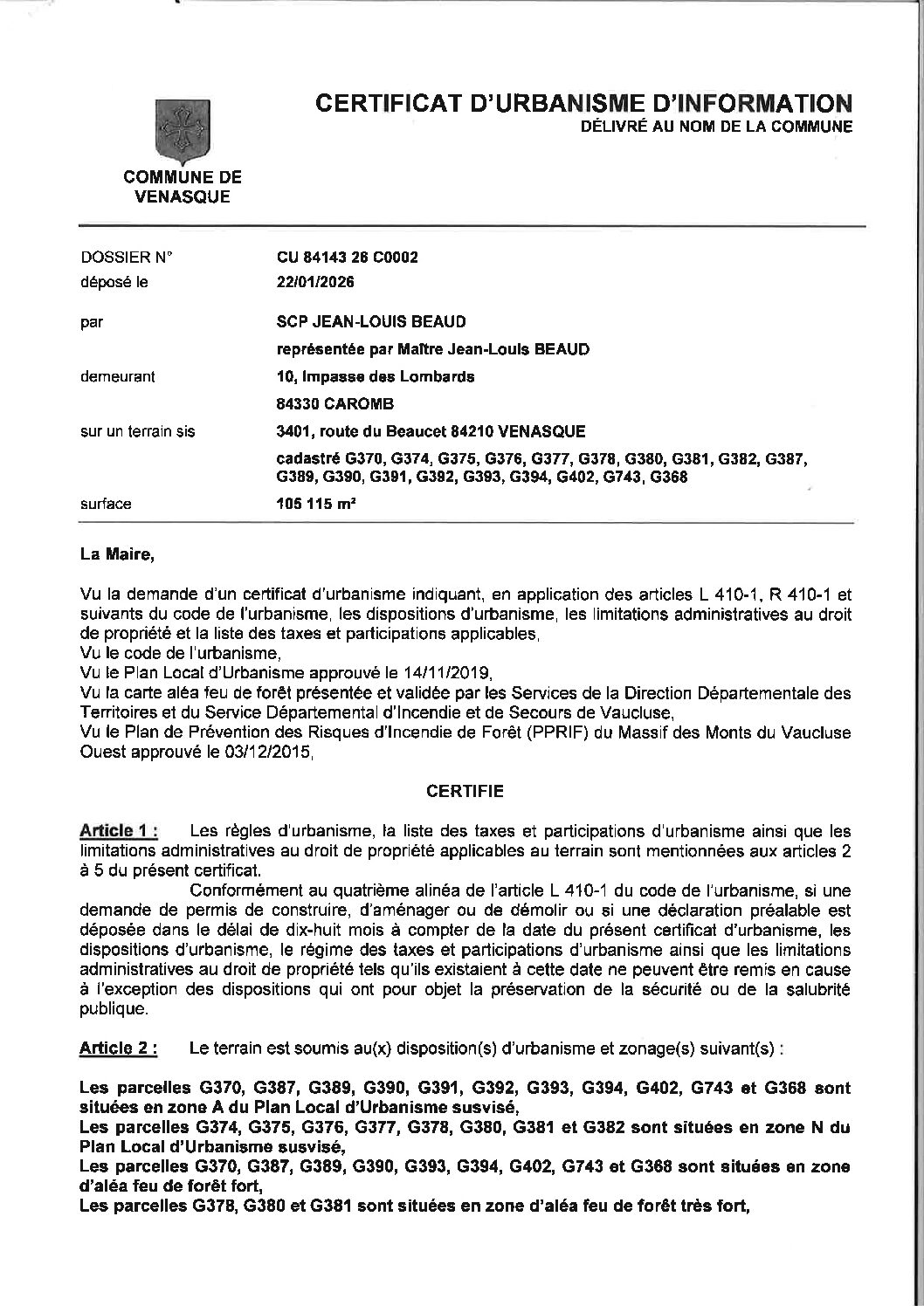 Arrêté d&rsquo;urbanisme réponse CUa n° 084 143 26 C0002