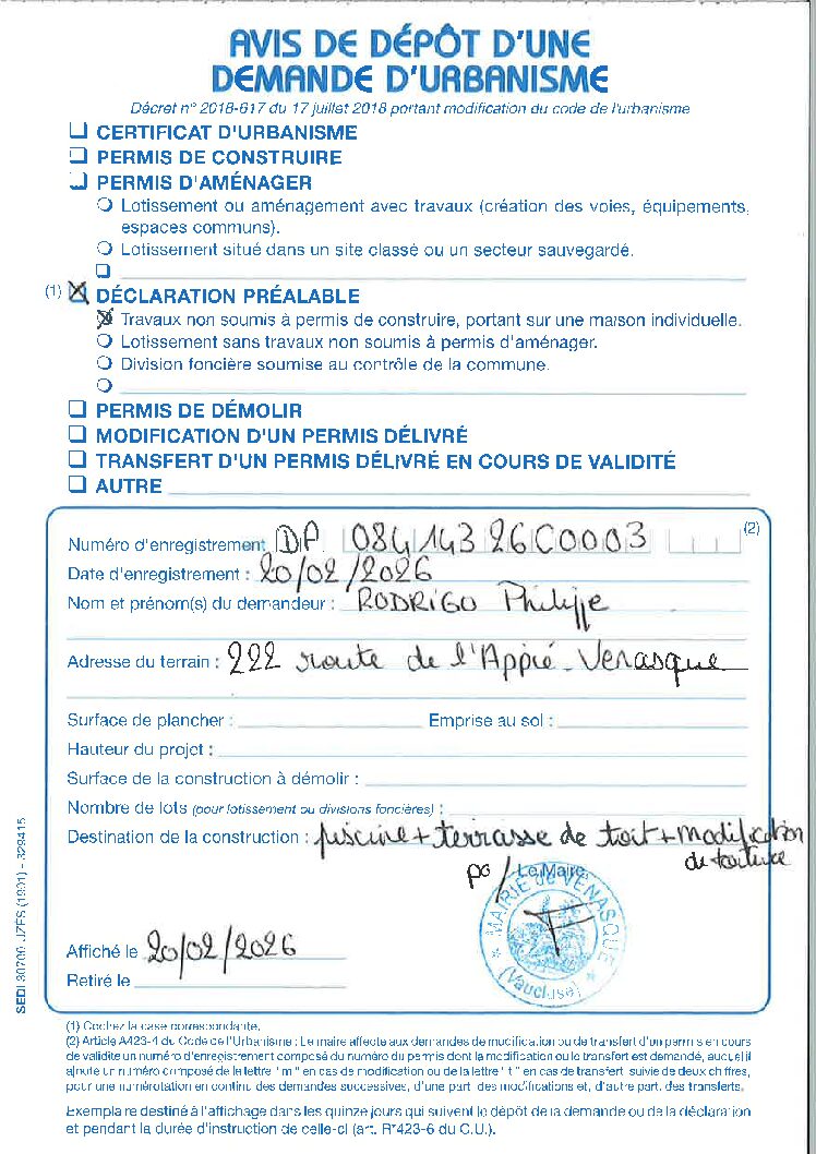 Avis de dépôt d&rsquo;une demande de déclaration préalable n° 084 143 26 C0003