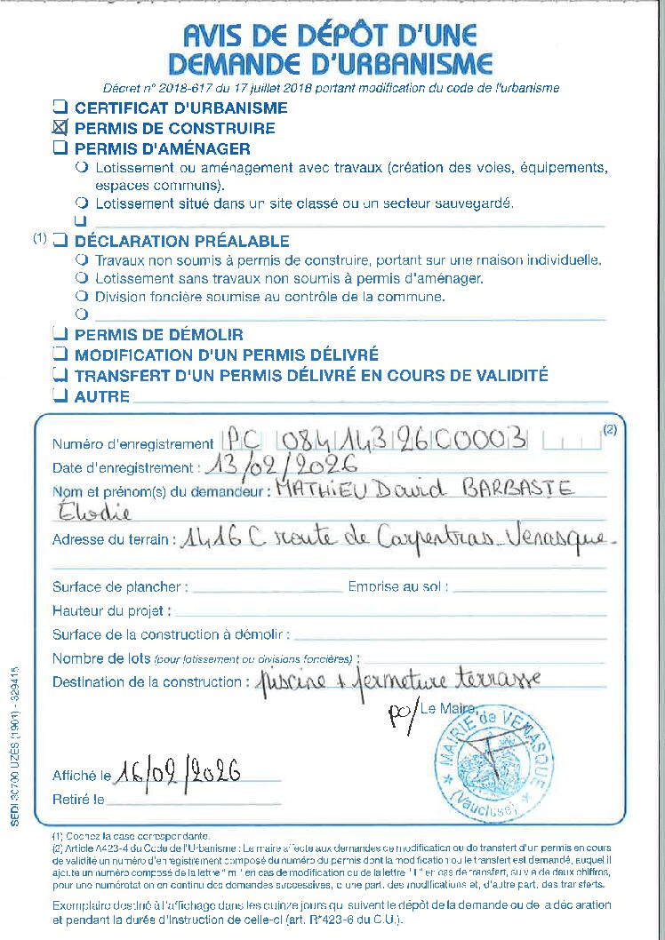 Avis de dépôt d&rsquo;une demande de permis de construire n° PC 084 143 26 C0003