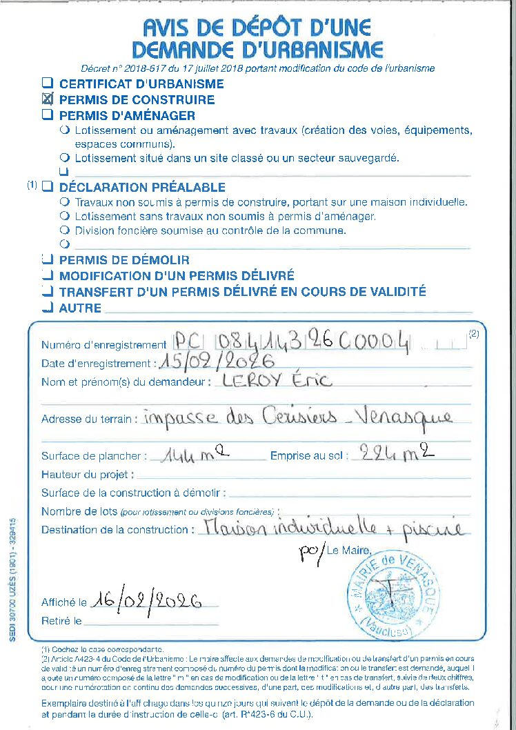 Avis de dépôt d&rsquo;une demande de permis de construire n°PC 084 143 26 C0004
