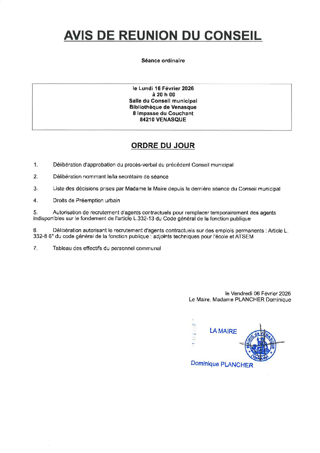 Avis de réunion du Conseil – lundi 16 février 2026