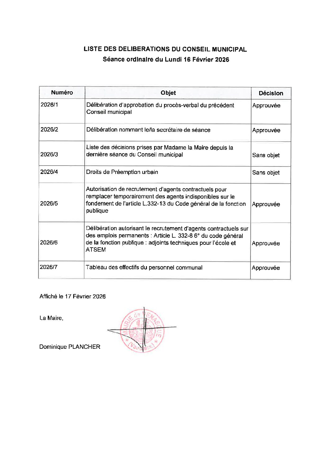 LD du lundi 16 février 2026