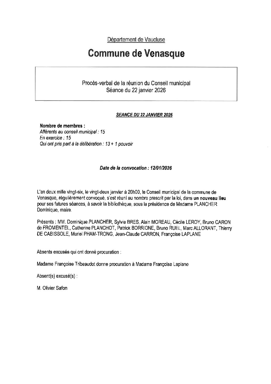 PV de la réunion du Conseil municipal. Séance du 22 janvier 2026