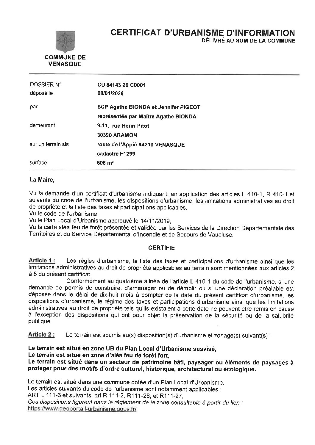 Arrêté réponse CU a 084 143 26 C0001