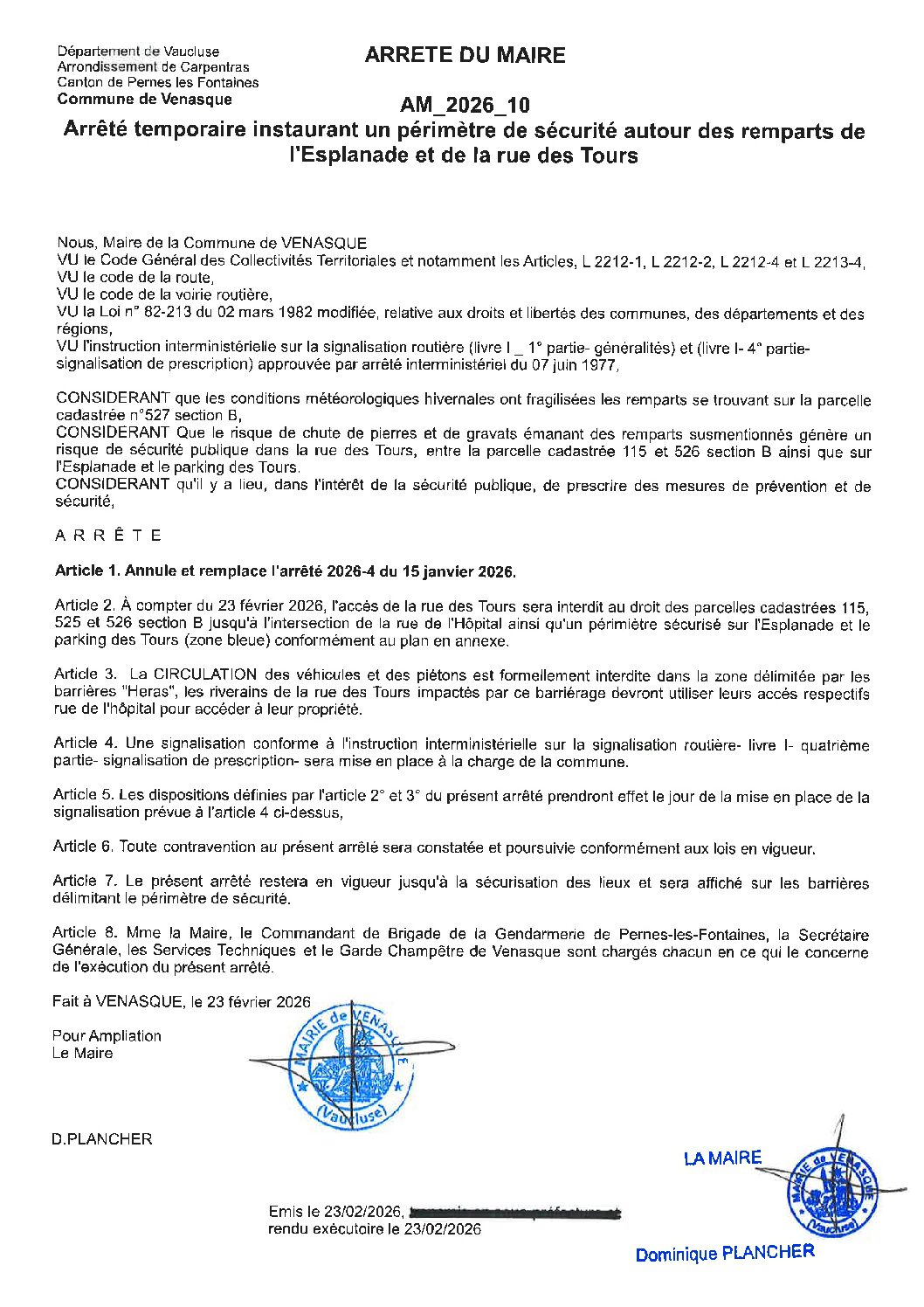 2026-10 Arrêté temporaire instaurant un périmètre de sécurité autour des remparts de l&rsquo;Esplanade des Tours et la rue des Tours