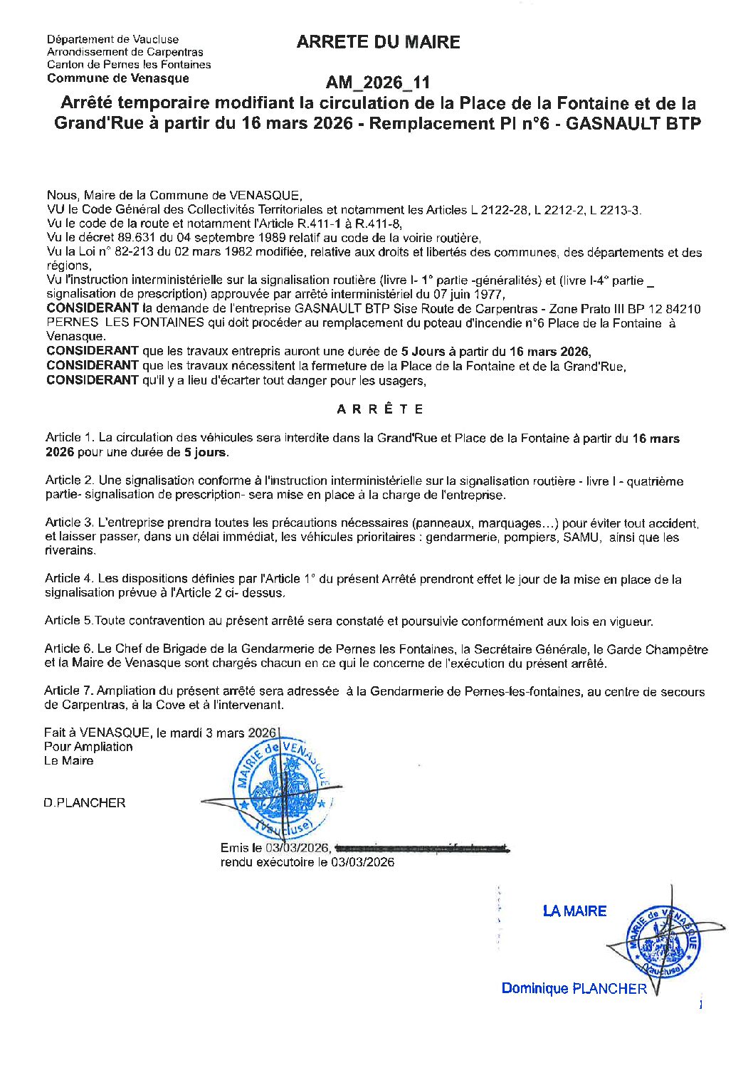 2026-11 Arrêté temporaire modifiant la circulation de la place de la Fontaine et de la Grand&rsquo;Rue – 16 mars 2026 – Remplacement PI n°6 – GASNAULT BTP
