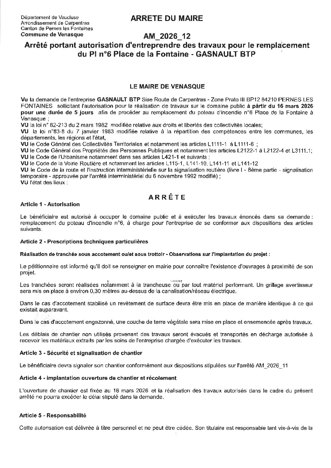 2026-12 Arrêté portant autorisation d&rsquo;entreprendre des travaux place de la Fontaine – GASNAULT BTP