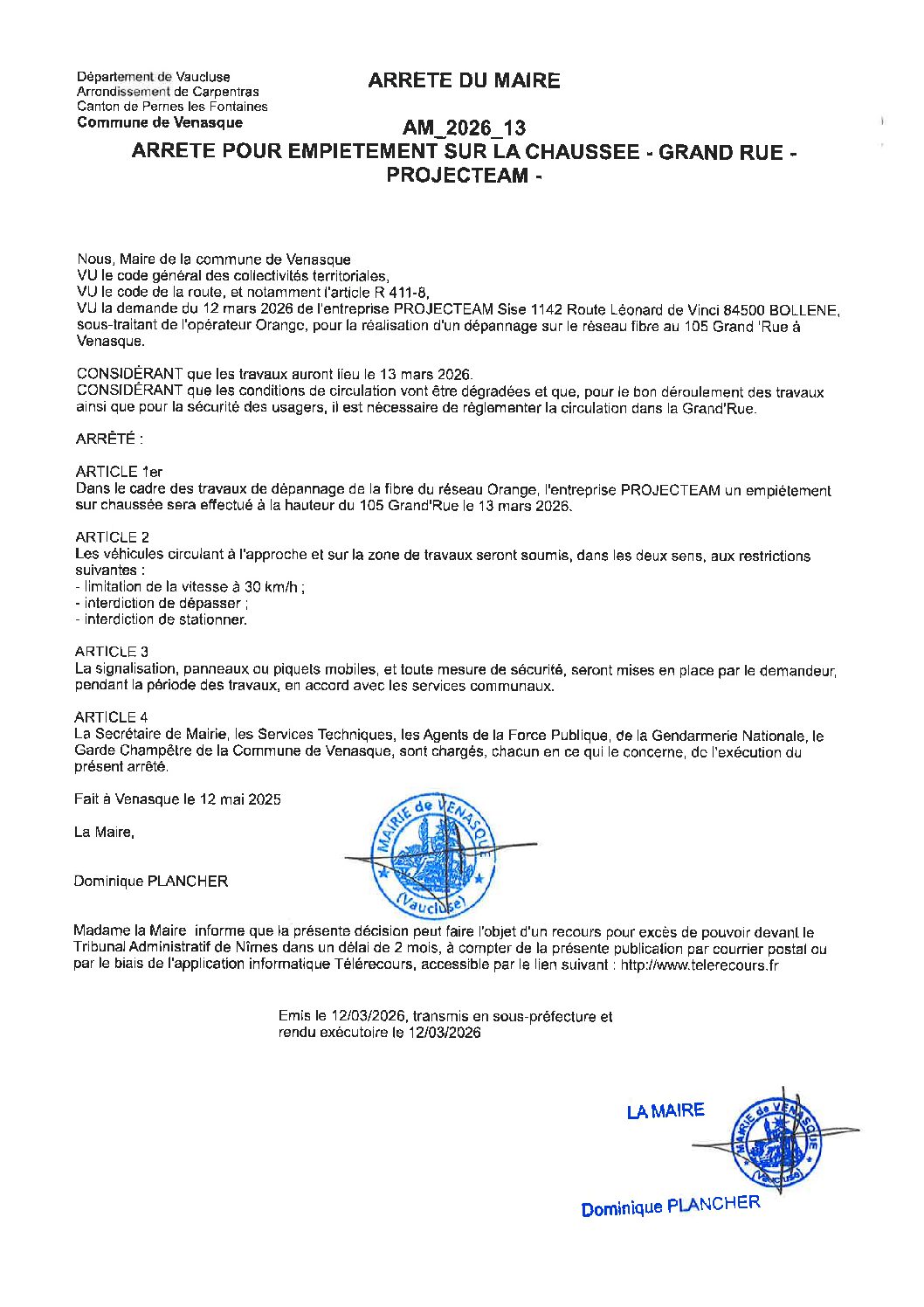 2026-13 Arrêté pour empiétement sur chaussée – Grande&rsquo;Rue- PROJECTEAM
