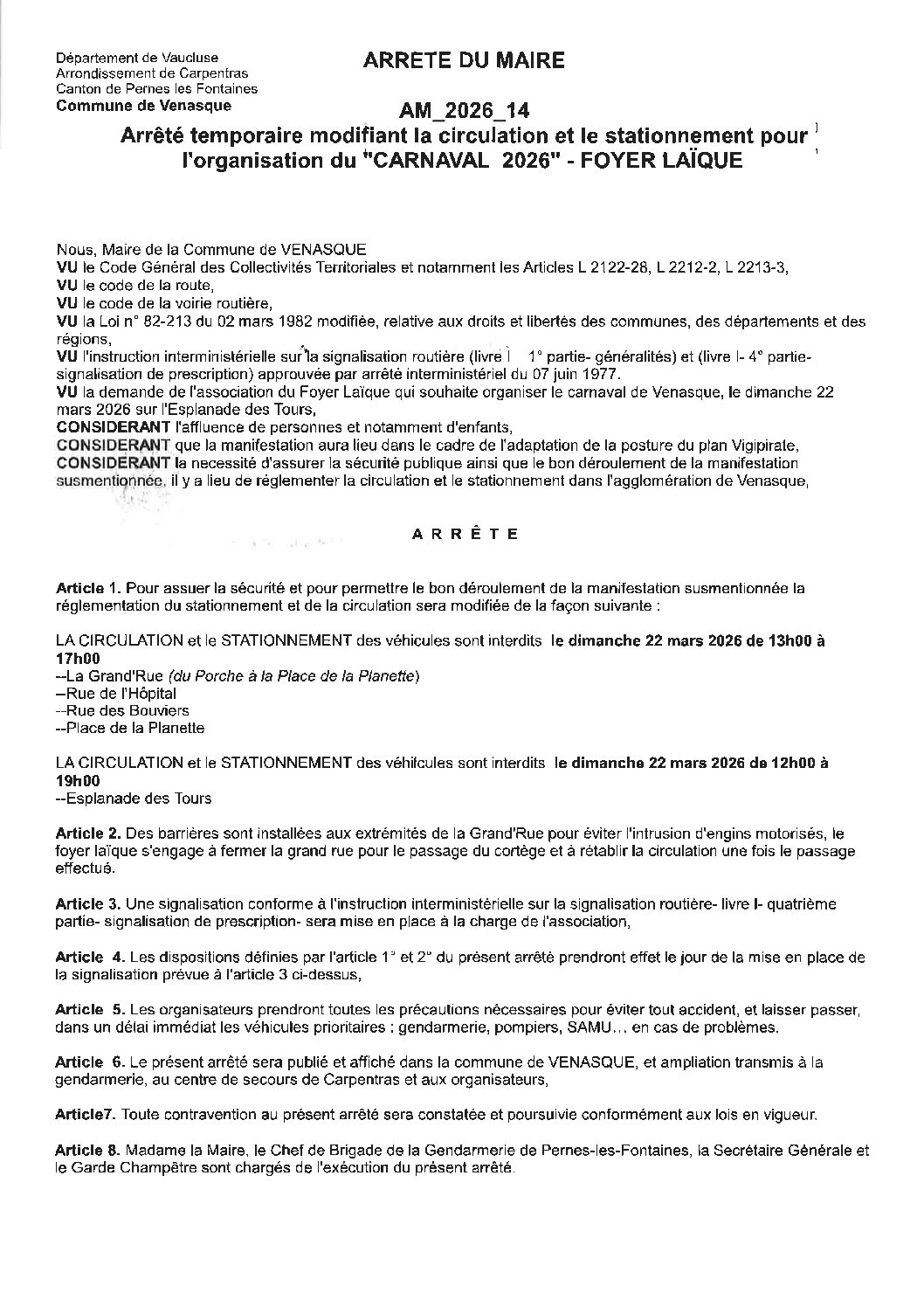 2026-14 Arrêté temporaire modifiant la circulation et le stationnement pour l&rsquo;organisation du CARANAVAL 2026 – FOYER LAÏQUE
