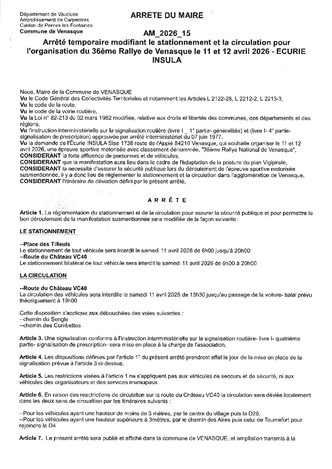 2026-15 Arrêté temporaire modifiant le stationnement et la circulation pour l&rsquo;organisation du 36ème rallye de Venasque le 11 et 12 avril 2026 – ECURIE INSULA
