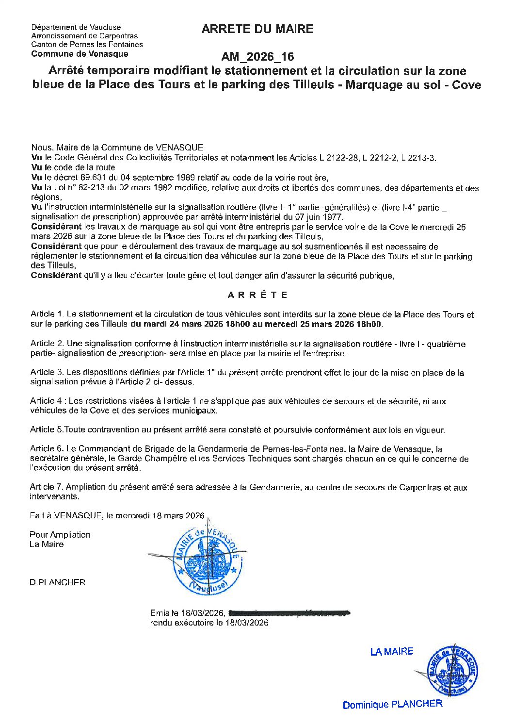 2026-16 Arrêté temporaire modifiant le stationnement et la circulation sur la zone bleue de la place des Tours et sur le parking des Tilleuls – Marquage au sol – Cove