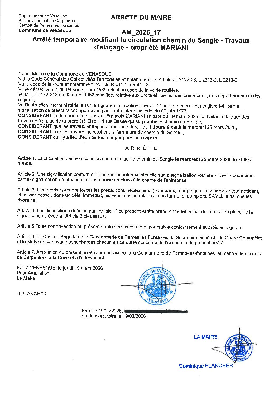 2026-17 Arrêté temporaire modifiant la circulation chemin du Sengle – Travaux d&rsquo;élagage – Propriété MARIANI