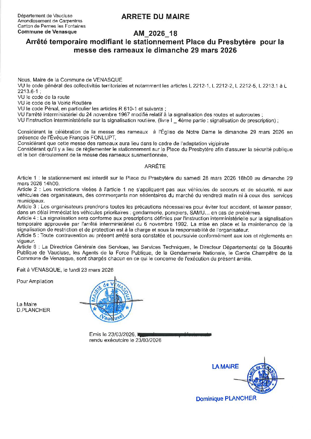 2026-18 Arrêté temporaire modifiant le stationnement place du Presbytère pour la messe des rameaux le dimanche 29 mars 2026