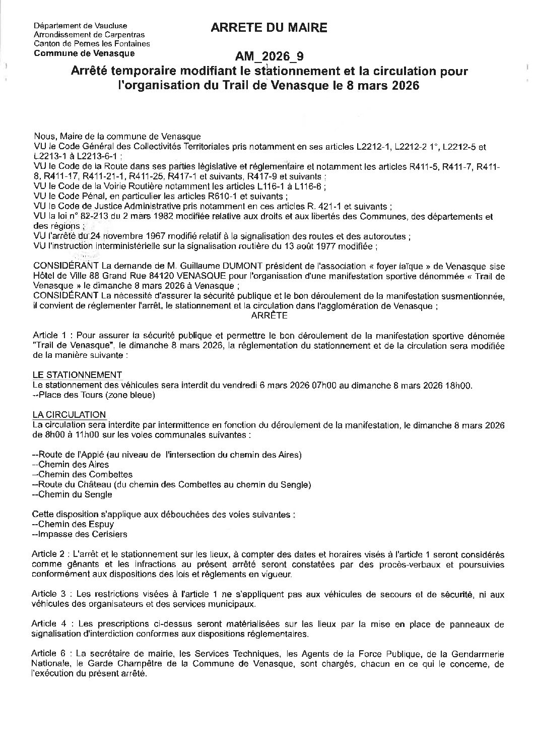 2026-9 Arrêté temporaire modifiant le stationnement et la circulation pour l’organisation du trail de Venasque le 8 mars 2026