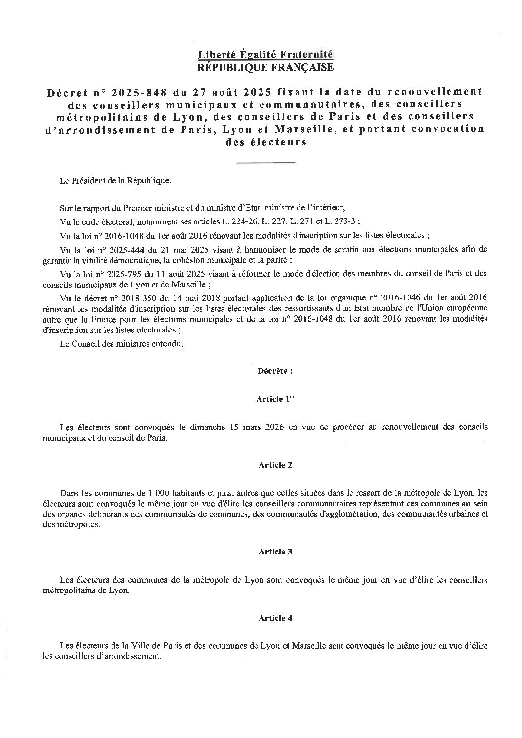 Décret n° 2025-848 du 27 août 2025 fixant la date du renouvellement des conseillers municipaux et communautaires, des conseillers métropolitains de Lyon, des conseillers de Paris et des conseillers d&rsquo;arrondissement de Paris, Lyon et Marseille, et portant convocation des élécteurs