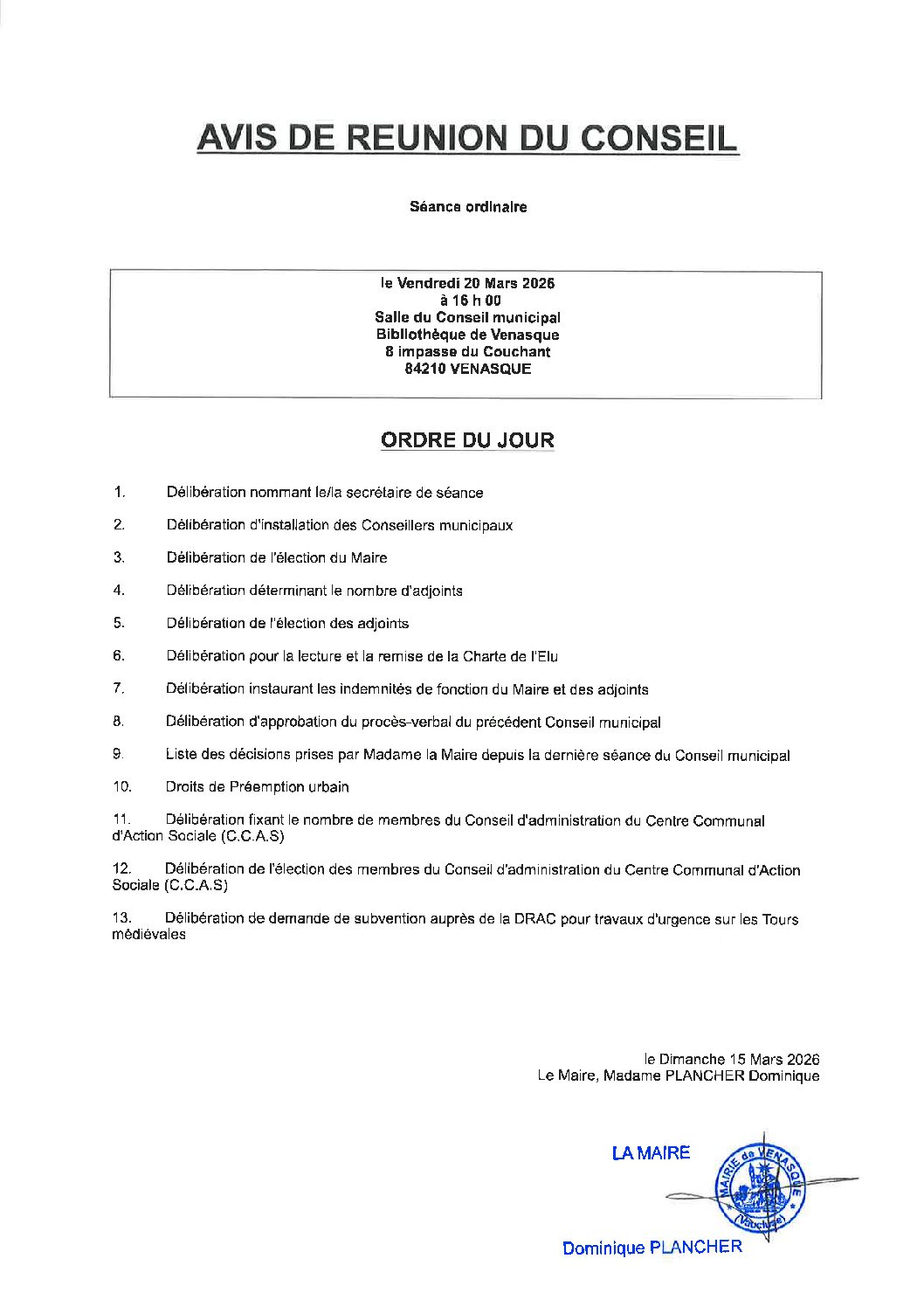 Avis de réunion du Conseil