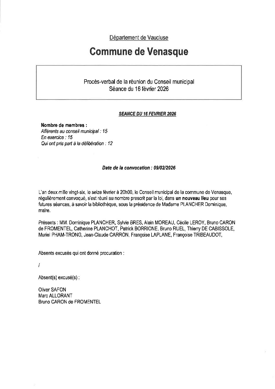 PV de la réunion du Conseil municipal. Séance du 16 février 2026