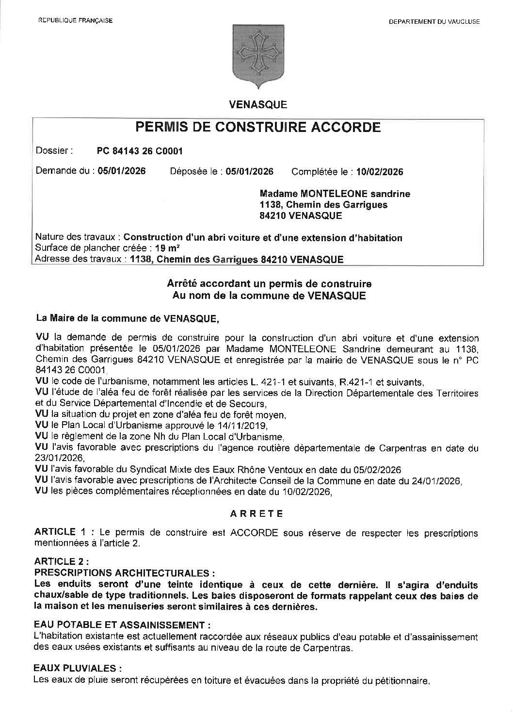 Arrêté Décision d&rsquo;urbanisme Permis de Construire PC 084 143 26 C0001