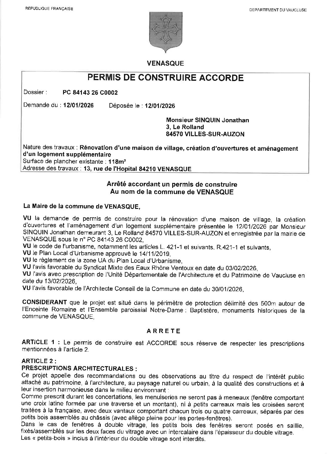 Arrêté Décision d&rsquo;urbanisme Permis de Construire PC 084 143 26 C0002