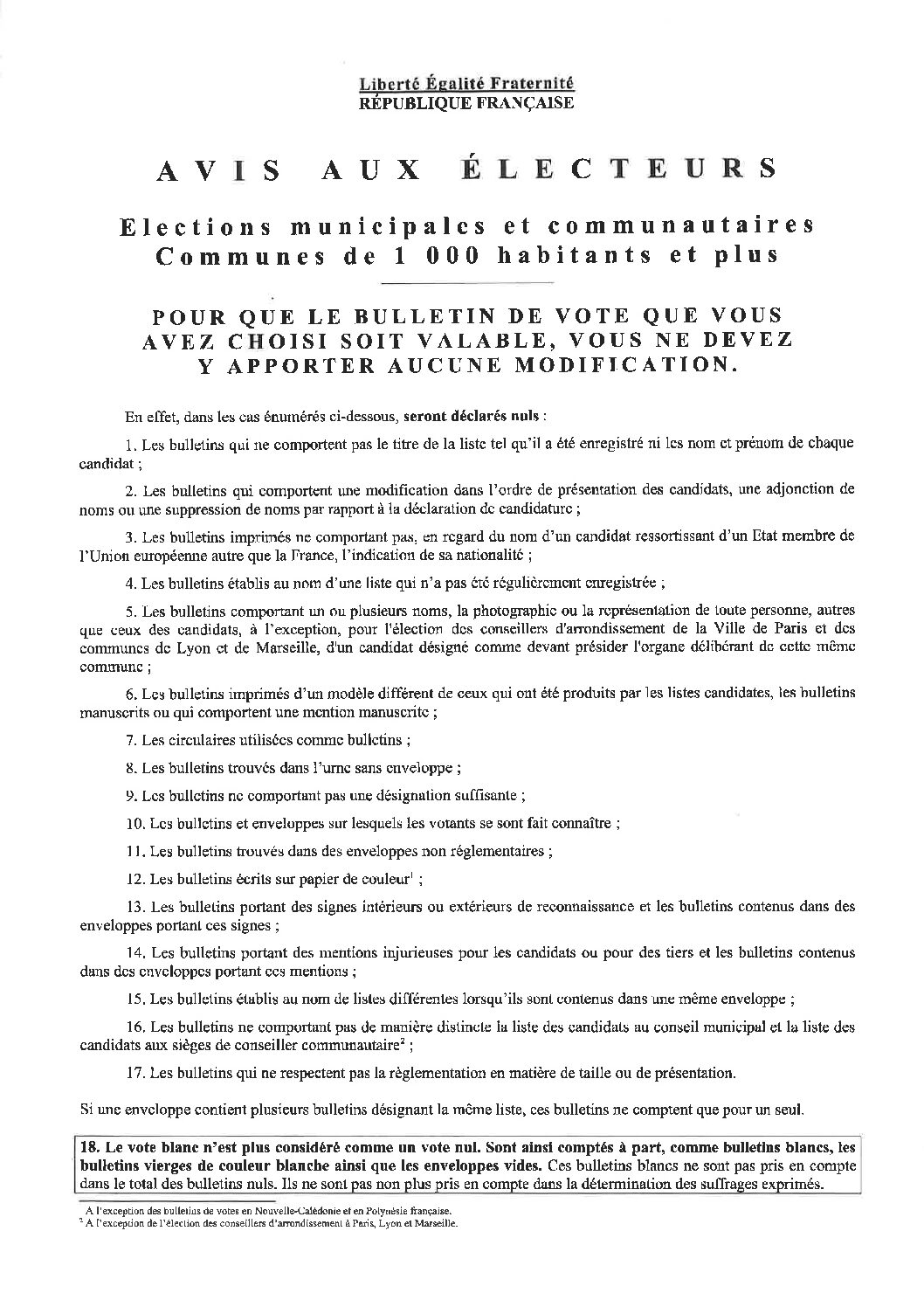 Avis aux électeurs. Élections municipales et communautaires, communes de 1000 habitants et plus