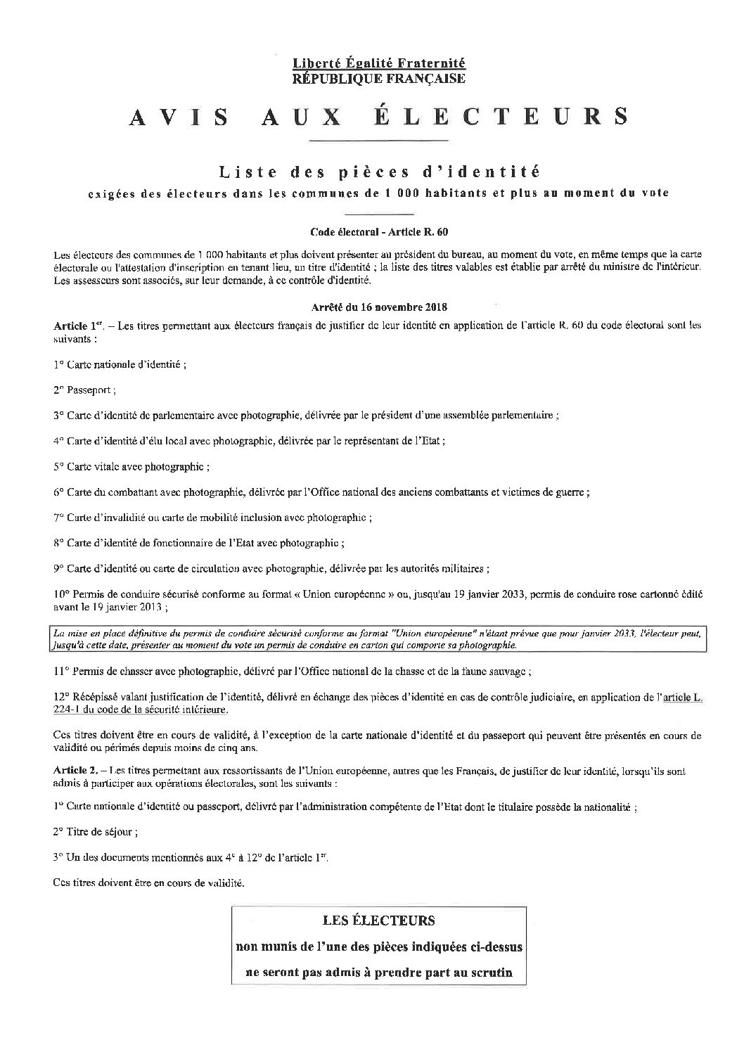 Avis aux électeurs. Liste des pièces d&rsquo;identité