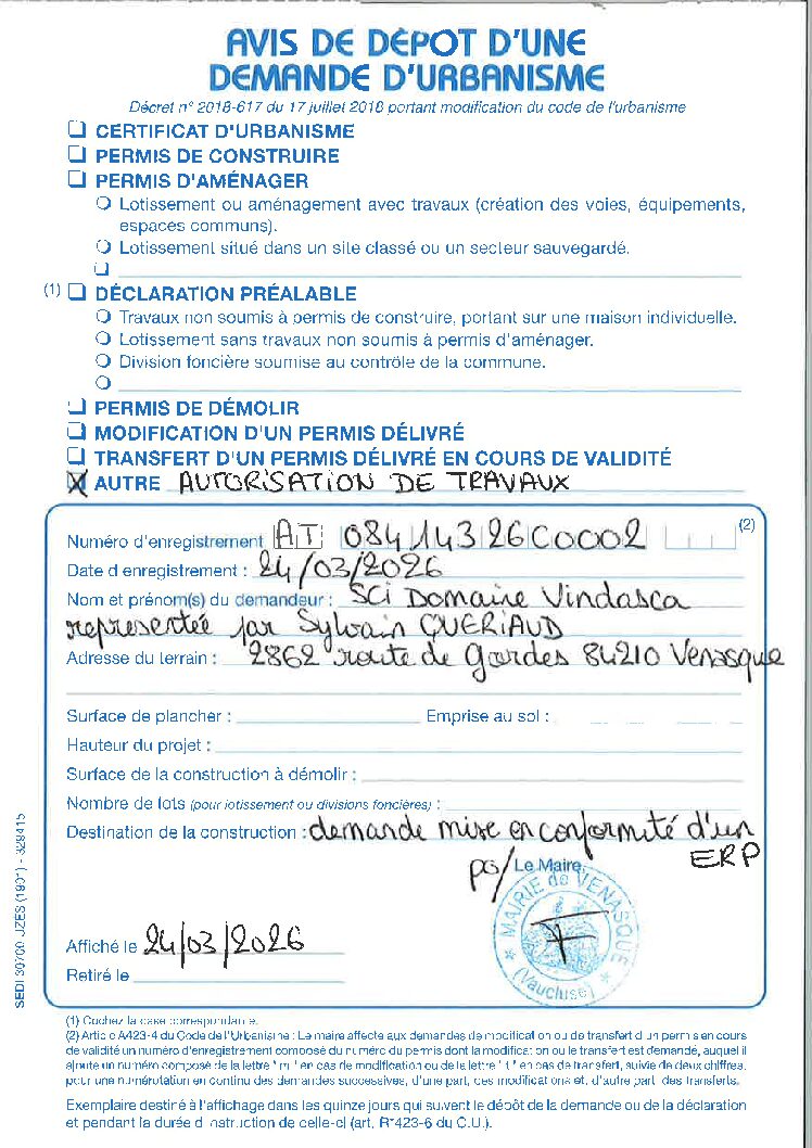 Avis de dépôt d&rsquo;une demande d&rsquo;urbanisme Autorisation de Travaux AT 084 143 26 C0002