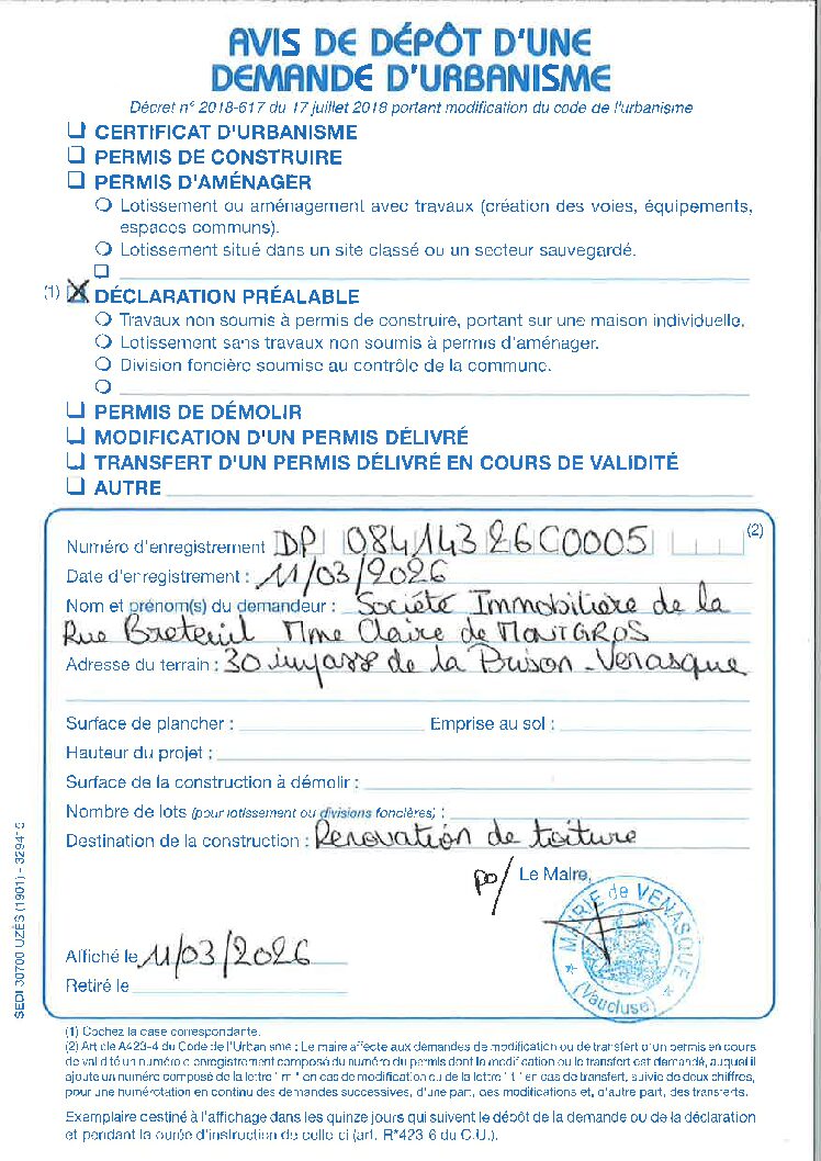 Avis de dépôt d&rsquo;une demande d&rsquo;urbanisme Déclaration Préalable n° 084 143 26 C0005