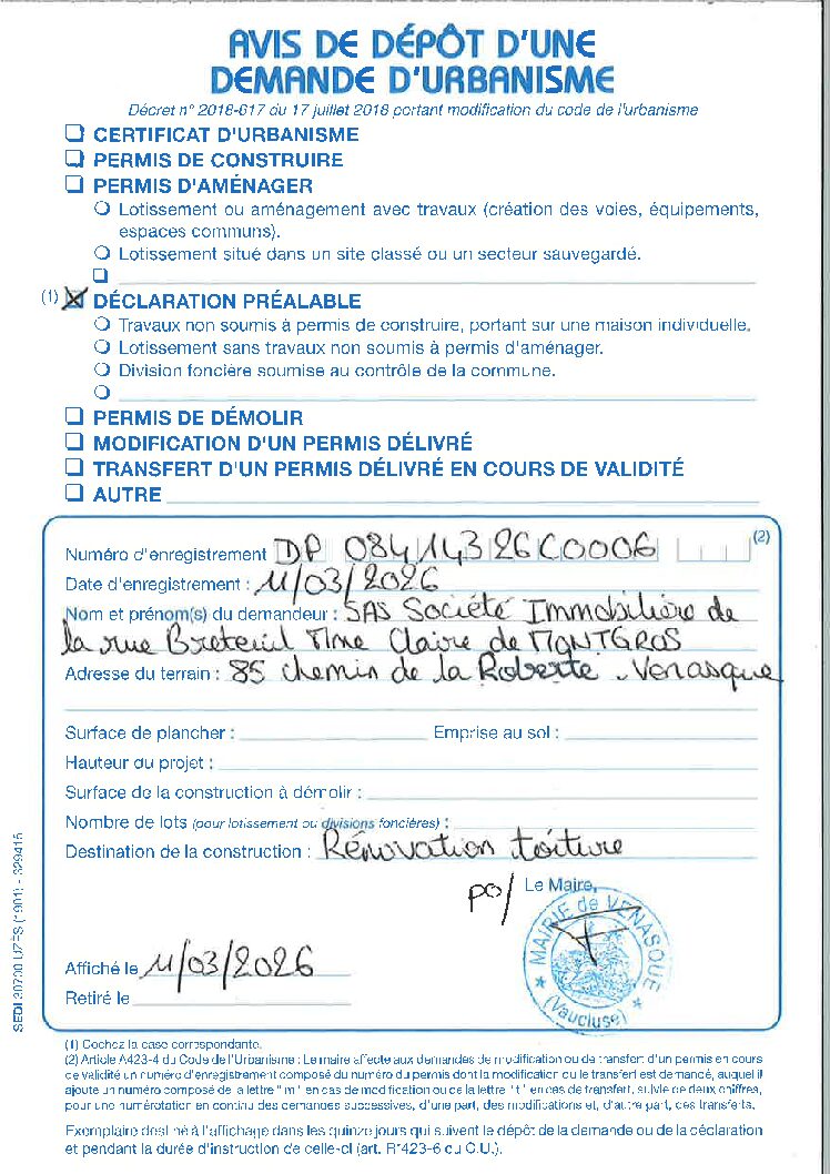 Avis de dépôt d&rsquo;une demande d&rsquo;urbanisme Déclaration Préalable n° 084 143 26 C0006
