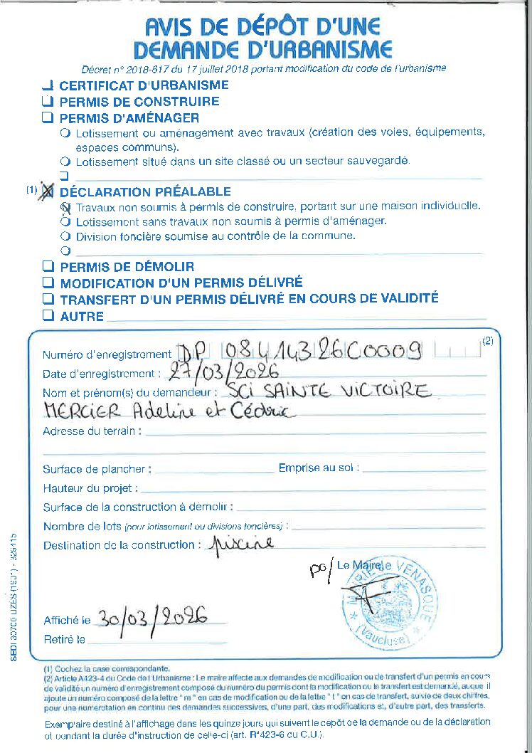 Avis de dépôt d&rsquo;une demande d&rsquo;urbanisme Déclaration Préalable n° 084 143 26 C0009